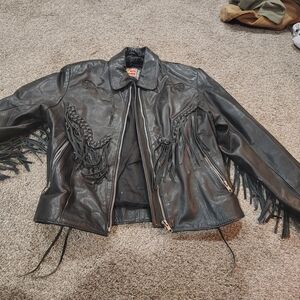 Women's Black Leather Fringe Jacket